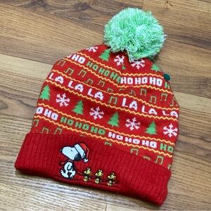 Peanuts Snoopy Christmas Pom Red Green White Beanie Hat One Size